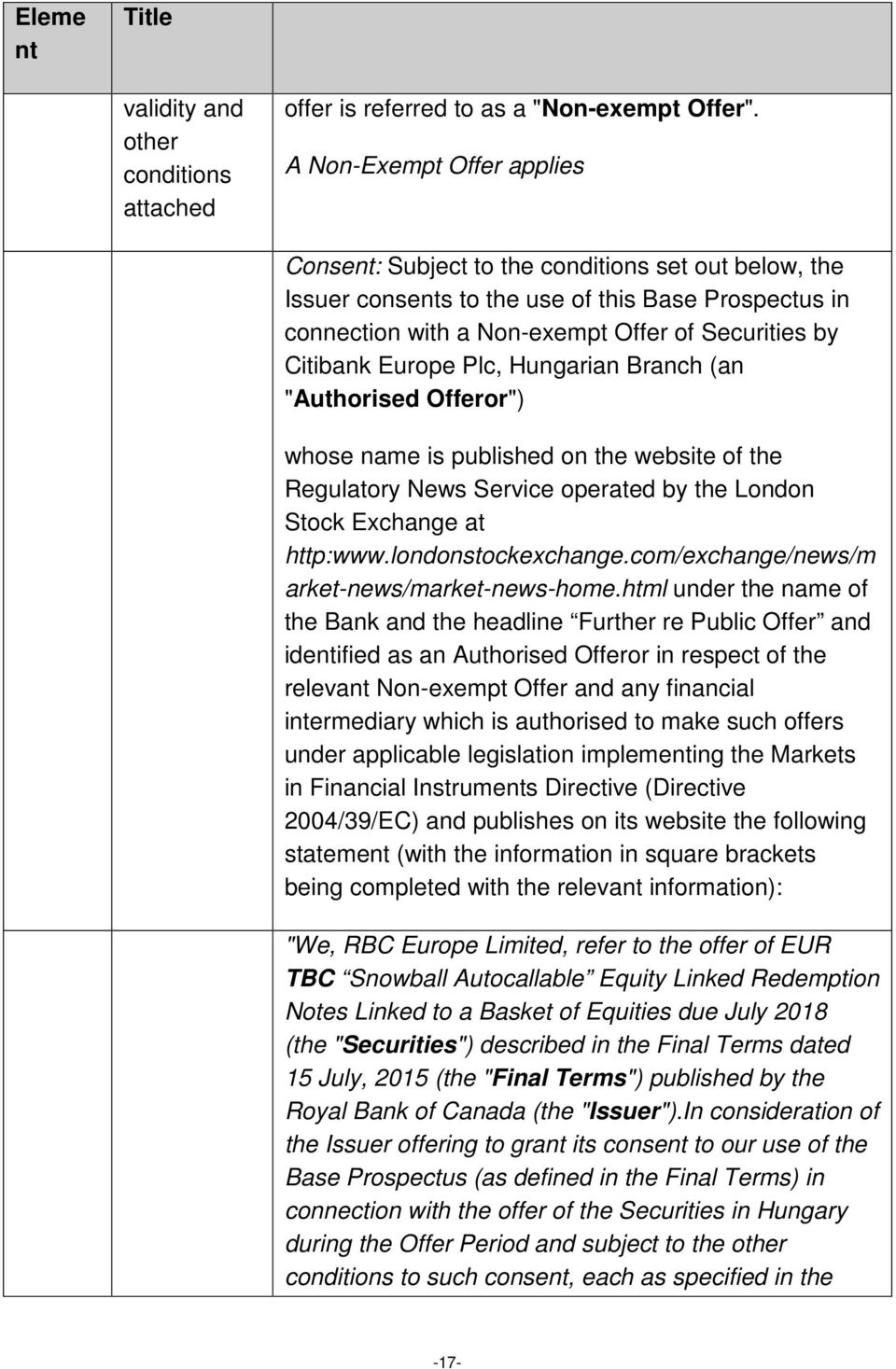 Europe Plc, Hungarian Branch (an "Authorised Offeror") whose name is published on the website of the Regulatory News Service operated by the London Stock Exchange at http:www.londonstockexchange.