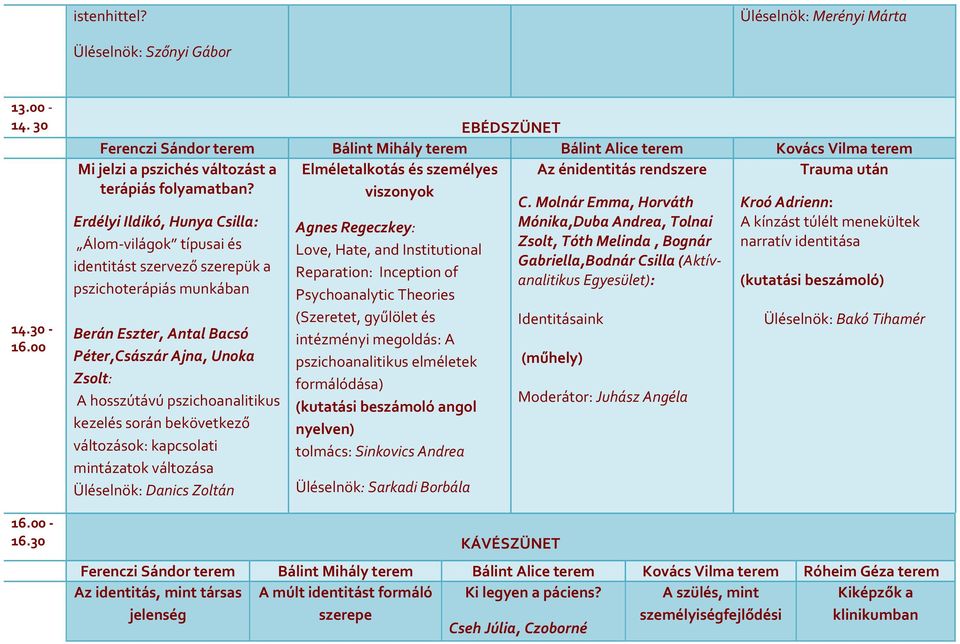kezelés során bekövetkező változások: kapcsolati mintázatok változása Üléselnök: Danics Zoltán Elméletalkotás és személyes viszonyok Agnes Regeczkey: Love, Hate, and Institutional Reparation: