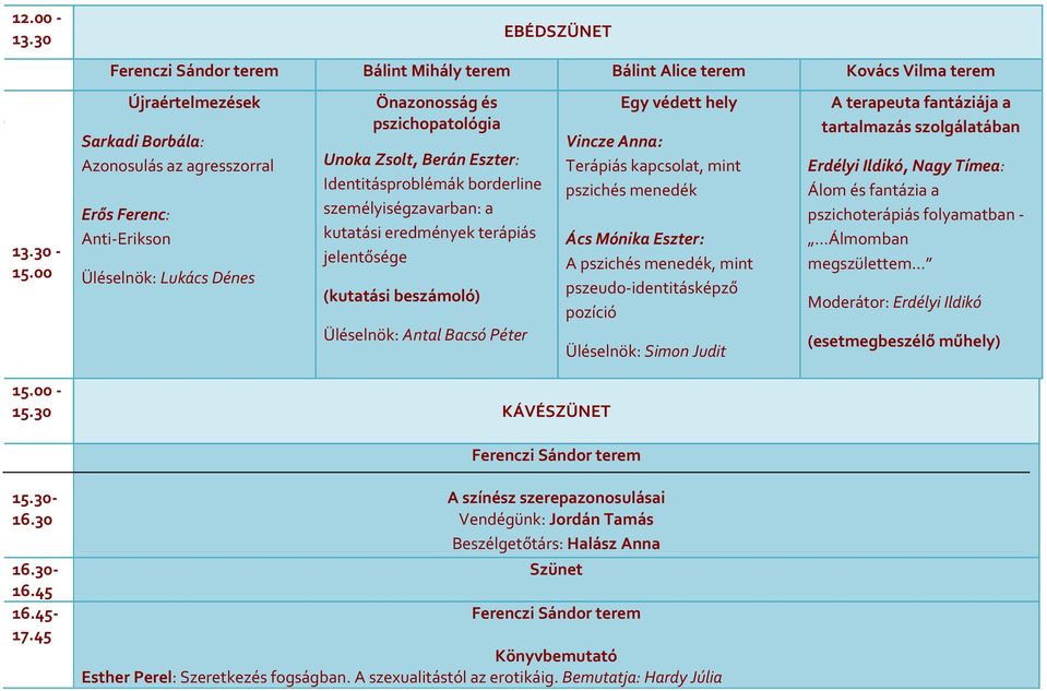 Identitásproblémák borderline személyiségzavarban: a kutatási eredmények terápiás jelentősége (kutatási beszámoló) Üléselnök: Antal Bacsó Péter Egy védett hely Vincze Anna: Terápiás kapcsolat, mint