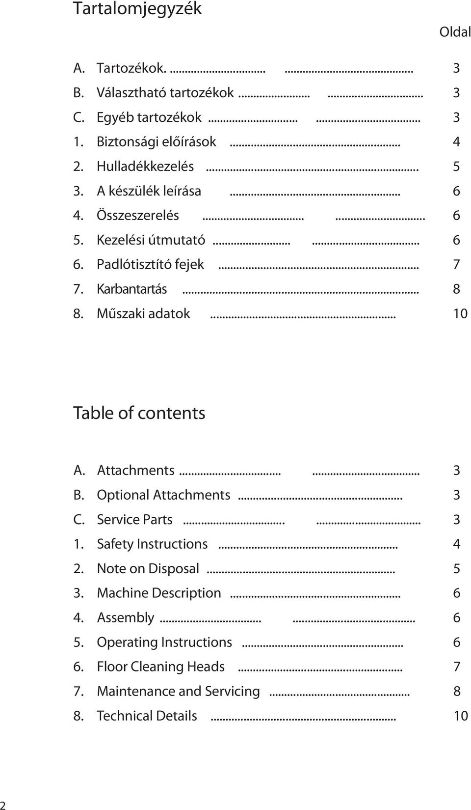 Műszaki adatok... 10 Table of contents A. Attachments...... 3 B. Optional Attachments... 3 C. Service Parts...... 3 1. Safety Instructions... 4 2.