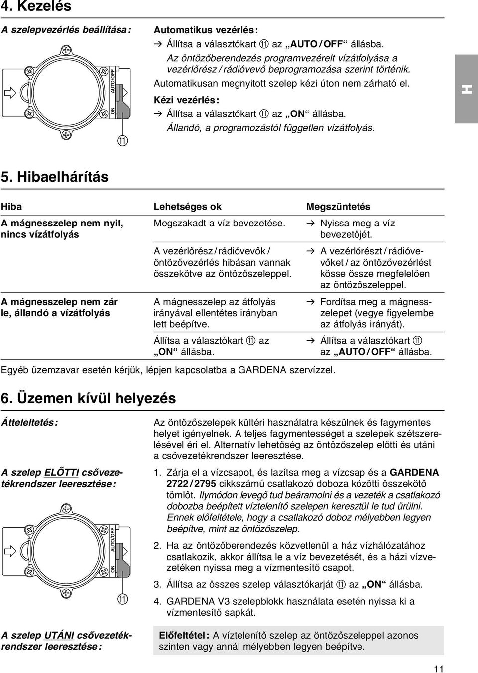 Kézi vezérlés: v Állítsa a választókart A az ON állásba. Állandó, a programozástól független vízátfolyás. H 5.