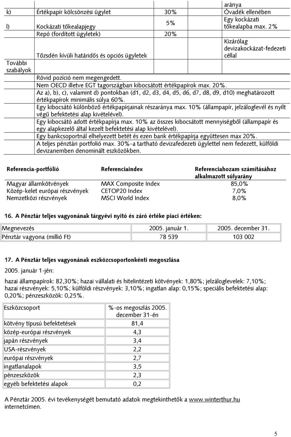 Nem OECD illetve EGT tagországban kibocsátott értékpapírok max. 20%. Az a), b), c), valamint d) pontokban (d1, d2, d3, d4, d5, d6, d7, d8, d9, d10) meghatározott értékpapírok minimális súlya 60%.