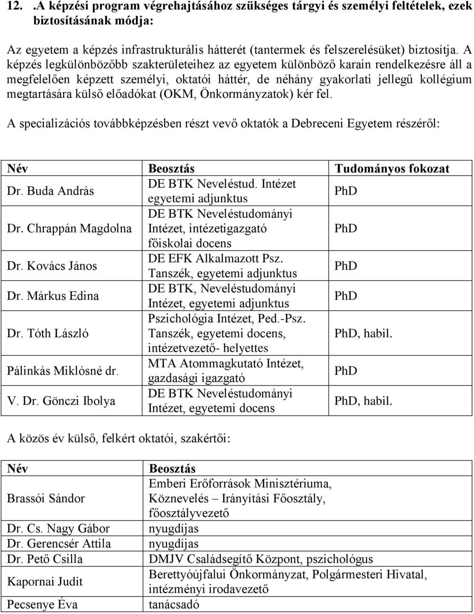 előadókat (OKM, Önkormányzatok) kér fel. A specializációs továbbképzésben részt vevő oktatók a Debreceni Egyetem részéről: Név Beosztás Tudományos fokozat Dr. Buda András DE BTK Neveléstud.