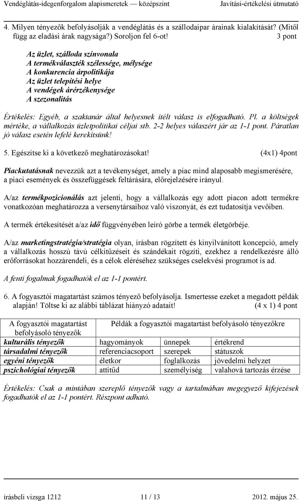 által helyesnek ítélt válasz is elfogadható. Pl. a költségek mértéke, a vállalkozás üzletpolitikai céljai stb. 2-2 helyes válaszért jár az 1-1 pont. Páratlan jó válasz esetén lefelé kerekítsünk! 5.