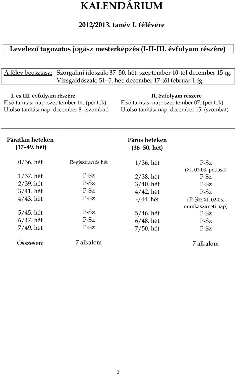 évfolyam részére Első tanítási nap: szeptember 07. (péntek) Utolsó tanítási nap: december 15. (szombat) Páratlan heteken (37 49. hét) Páros heteken (36 50. hét) 0/36. hét 1/37. hét 2/39. hét 3/41.