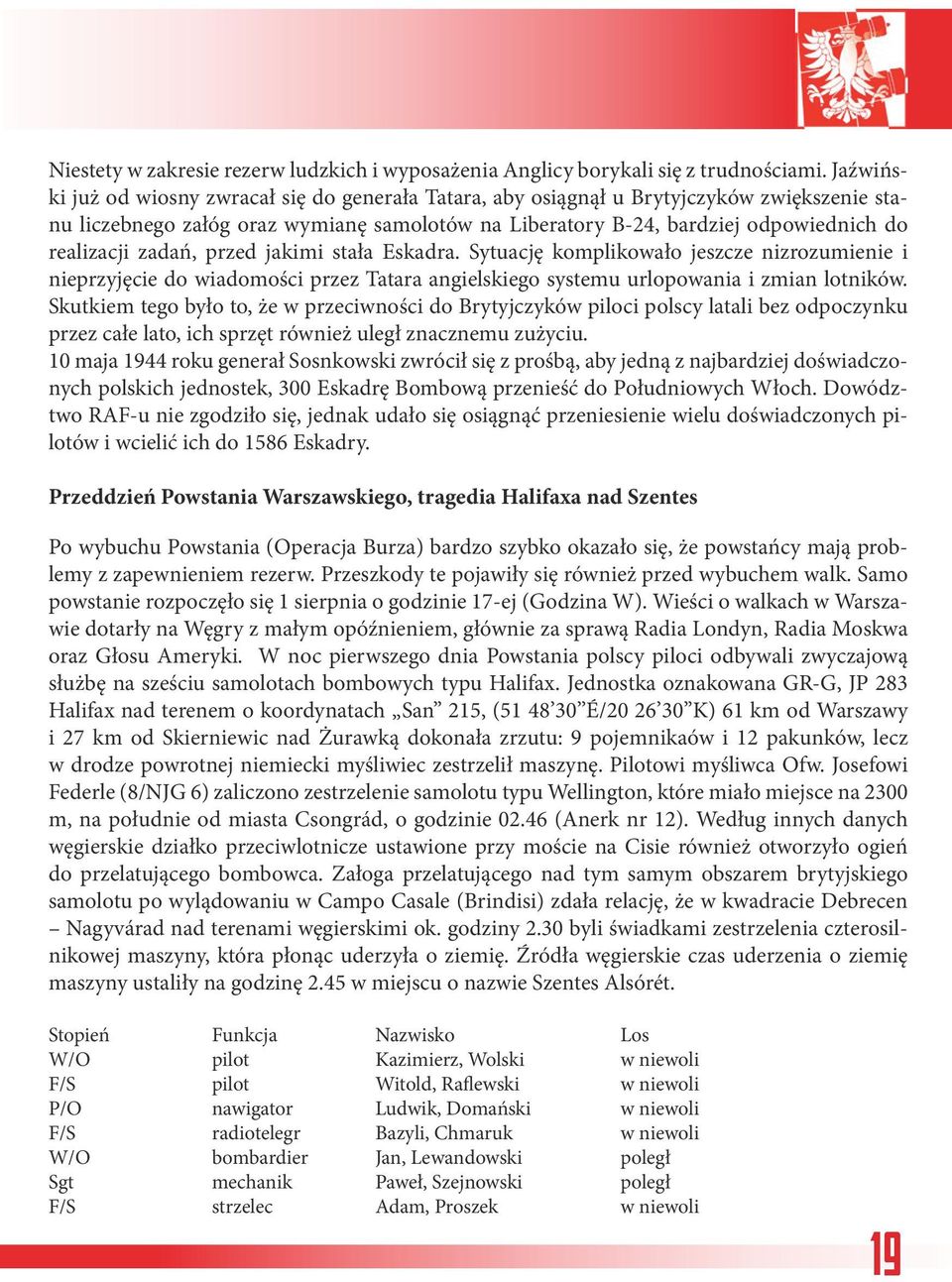 zadań, przed jakimi stała Eskadra. Sytuację komplikowało jeszcze nizrozumienie i nieprzyjęcie do wiadomości przez Tatara angielskiego systemu urlopowania i zmian lotników.