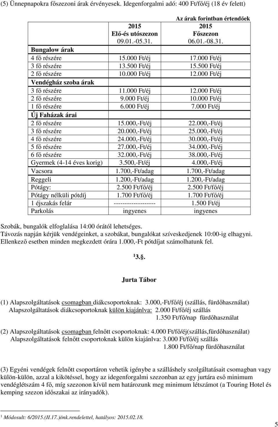 000 Ft/éj 1 fő részére 6.000 Ft/éj 7.000 Ft/éj Új Faházak árai 2 fő részére 15.000,-Ft/éj 22.000,-Ft/éj 3 fő részére 20.000,-Ft/éj 25.000,-Ft/éj 4 fő részére 24.000,-Ft/éj 30.