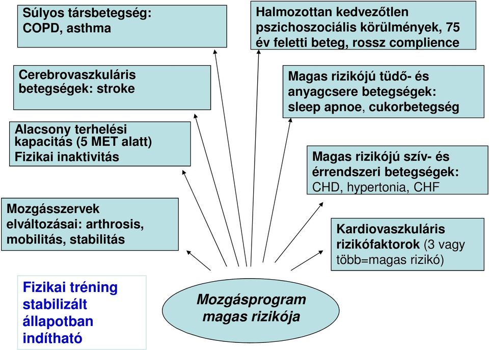 Halmozottan kedvezőtlen pszichoszociális körülmények, 75 év feletti beteg, rossz complience Magas rizikójú tüdő- és anyagcsere betegségek: