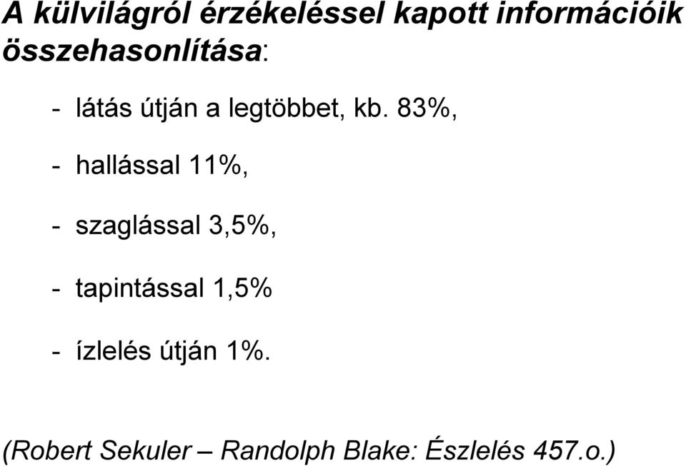83%, - hallással 11%, - szaglással 3,5%, - tapintással