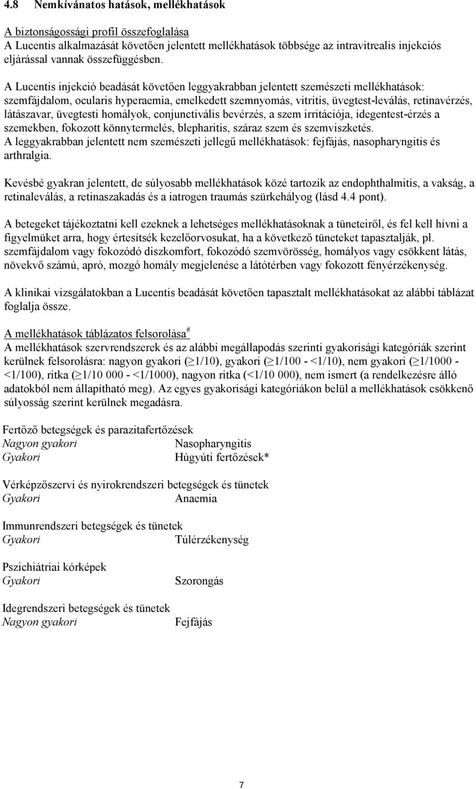 A Lucentis injekció beadását követően leggyakrabban jelentett szemészeti mellékhatások: szemfájdalom, ocularis hyperaemia, emelkedett szemnyomás, vitritis, üvegtest-leválás, retinavérzés, látászavar,
