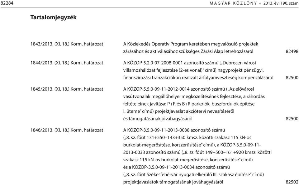 finanszírozási tranzakciókon realizált árfolyamveszteség kompenzálásáról 82500 1845/2013 (XI 18) Korm határozat A KÖZOP-550-09-11-2012-0014 azonosító számú ( Az elővárosi vasútvonalak megállóhelyei