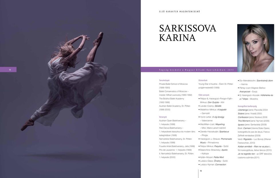 helyezések klasszikus és modern tánc kategóriában (1998) Nemzetközi Balettverseny, St. Pölten: 1. helyezés (1998) Fouette Artek Balettverseny, Jalta (1998) Prix de Lausanne: 1. helyezés (1999) II.