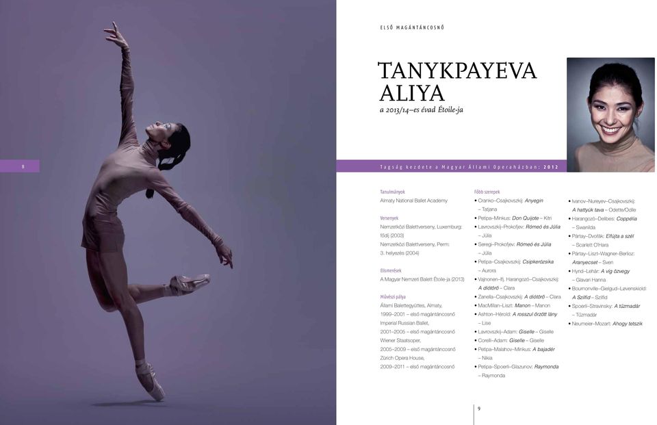 helyezés (2004) Elismerések A Magyar Nemzeti Balett Étoile-ja (2013) Művészi pálya Állami Balettegyüttes, Almaty, 1999 2001 elsô magántáncosnô Imperial Russian Ballet, 2001 2005 elsô magántáncosnô