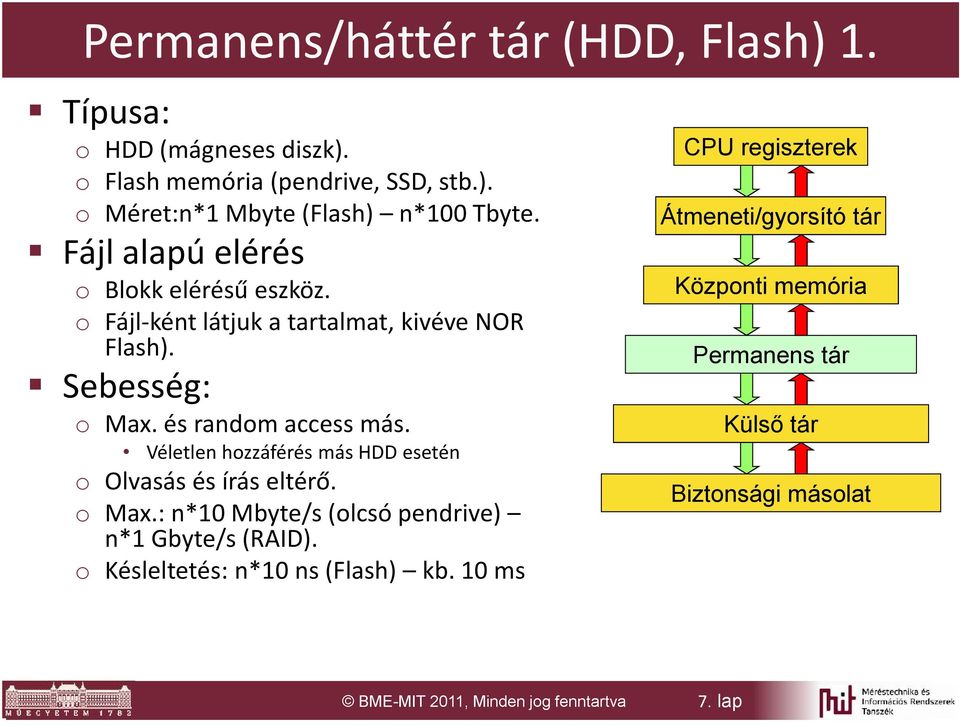 Véletlen hozzáférés más HDD esetén o Olvasás és írás eltérő. o Max.: n* Mbte/s (olcsó pendrive) n* Gbte/s (RAID).