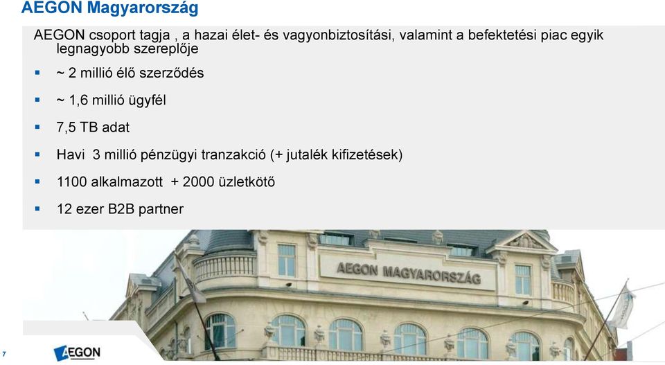 szerződés ~ 1,6 millió ügyfél 7,5 TB adat Havi 3 millió pénzügyi tranzakció