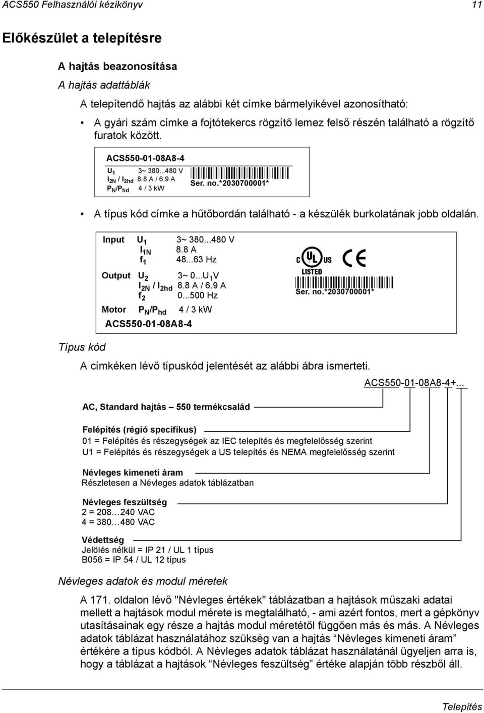 *2030700001* A típus kód címke a hűtőbordán található - a készülék burkolatának jobb oldalán. Input U 1 3~ 380...480 V I 1N 8.8 A f 1 48...63 Hz Output U 2 3~ 0...U 1 V I 2N / I 2hd 8.8 A / 6.