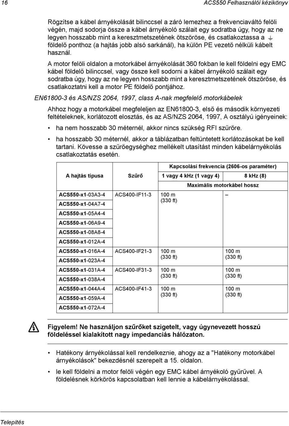 A motor felöli oldalon a motorkábel árnyékolását 360 fokban le kell földelni egy EMC kábel földelő bilinccsel, vagy össze kell sodorni a kábel árnyékoló szálait egy sodratba úgy, hogy az ne legyen