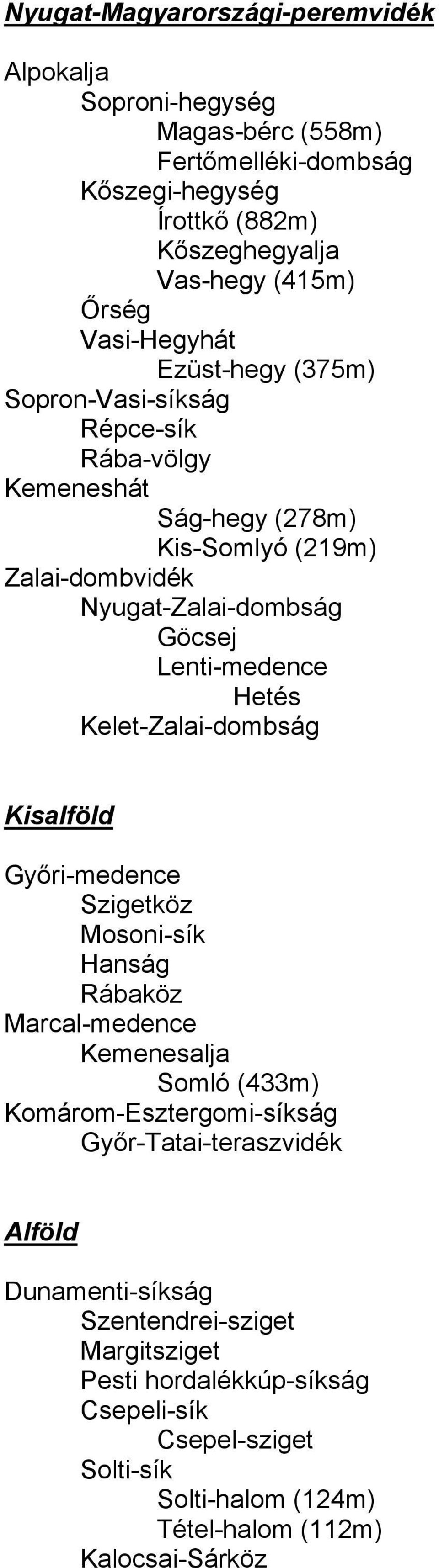 Lenti-medence Hetés Kelet-Zalai-dombság Kisalföld Győri-medence Szigetköz Mosoni-sík Hanság Rábaköz Marcal-medence Kemenesalja Somló (433m) Komárom-Esztergomi-síkság