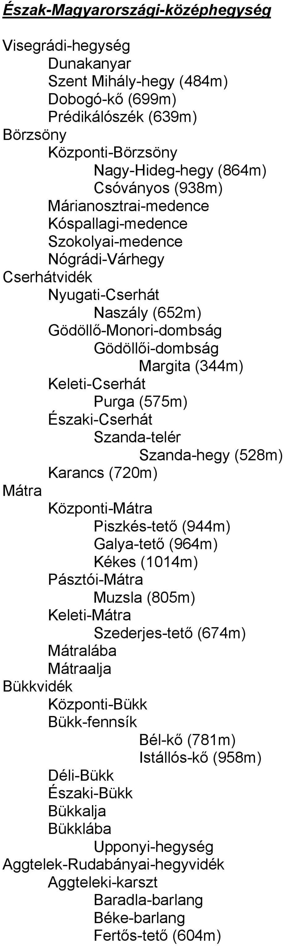 (575m) Északi-Cserhát Szanda-telér Szanda-hegy (528m) Karancs (720m) Mátra Központi-Mátra Piszkés-tető (944m) Galya-tető (964m) Kékes (1014m) Pásztói-Mátra Muzsla (805m) Keleti-Mátra Szederjes-tető