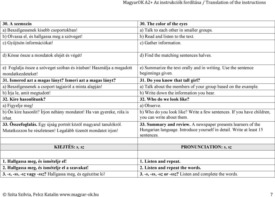 Használja a megadott mondatkezdeteket! e) Summarize the text orally and in writing. Use the sentence beginnings given. 31. Ismered azt a magas lányt? Ismeri azt a magas lányt? 31. Do you know that tall girl?