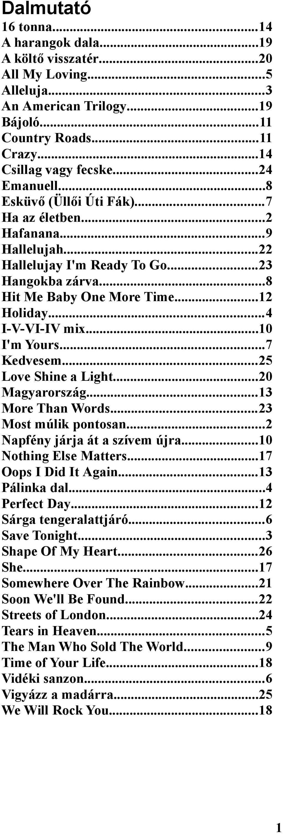 ..7 Kedvesem...25 Love Shine a Light...20 Magyarország...13 More Than Words...23 Most múlik pontosan...2 Napfény járja át a szívem újra...10 Nothing Else Matters...17 Oops I Did It gain.