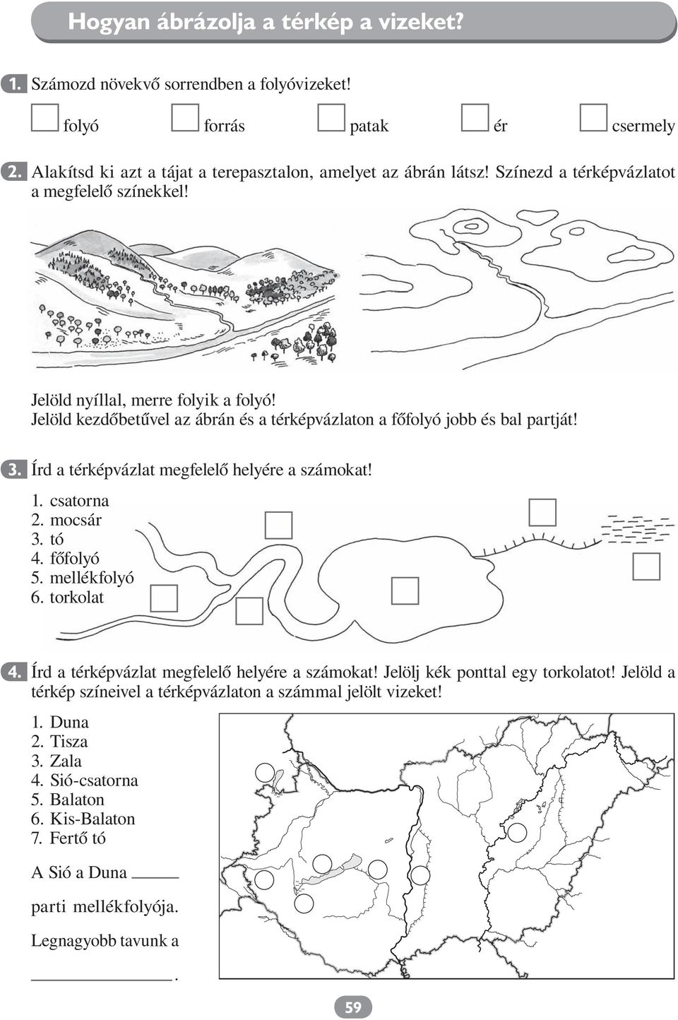 Írd a térképvázlat megfelelő helyére a számokat! csatorna mocsár tó 4. főfolyó 5. mellékfolyó 6. torkolat 4. Írd a térképvázlat megfelelő helyére a számokat!