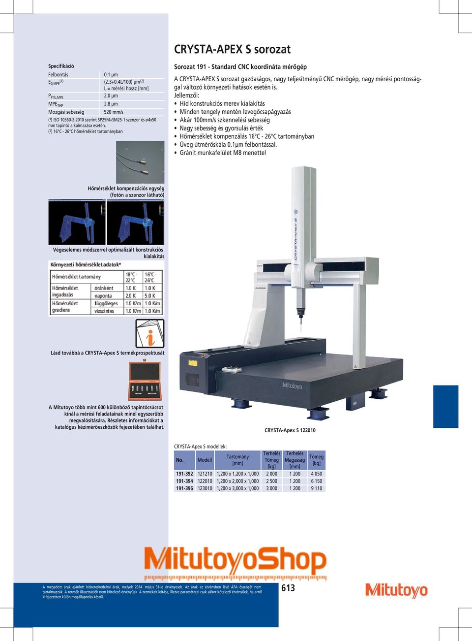 ( 2 ) 16 C - 26 C hőmérséklet tartományban Sorozat 191 - Standard CNC koordináta mérőgép A CRYSTA-APEX S sorozat gazdaságos, nagy teljesítményű CNC mérőgép, nagy mérési pontossággal változó