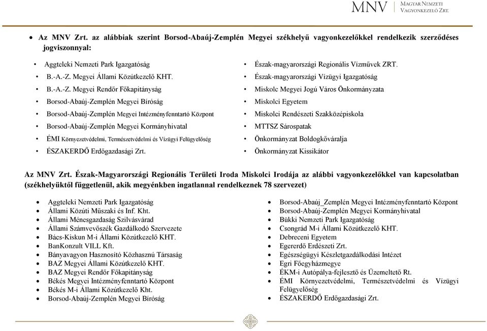 Megyei Rendőr Főkapitányság Borsod-Abaúj-Zemplén Megyei Bíróság Borsod-Abaúj-Zemplén Megyei Intézményfenntartó Központ Borsod-Abaúj-Zemplén Megyei Kormányhivatal ÉMI Környezetvédelmi,