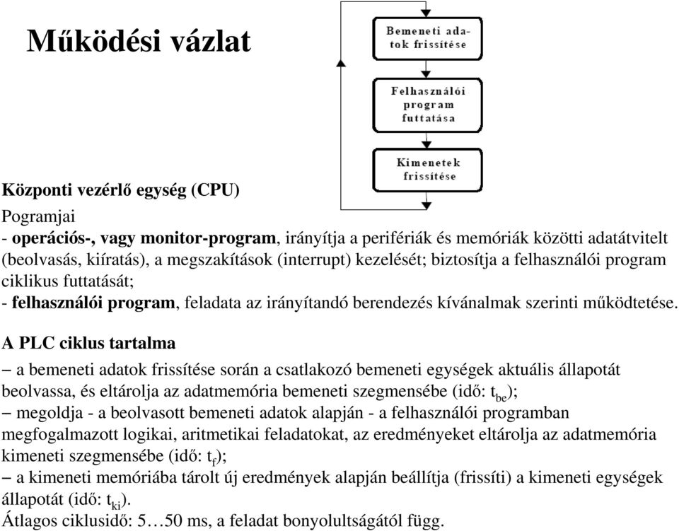 A PLC ciklus tartalma a bemeneti adatok frissítése során a csatlakozó bemeneti egységek aktuális állapotát beolvassa, és eltárolja az adatmemória bemeneti szegmensébe (idı: t be ); megoldja - a