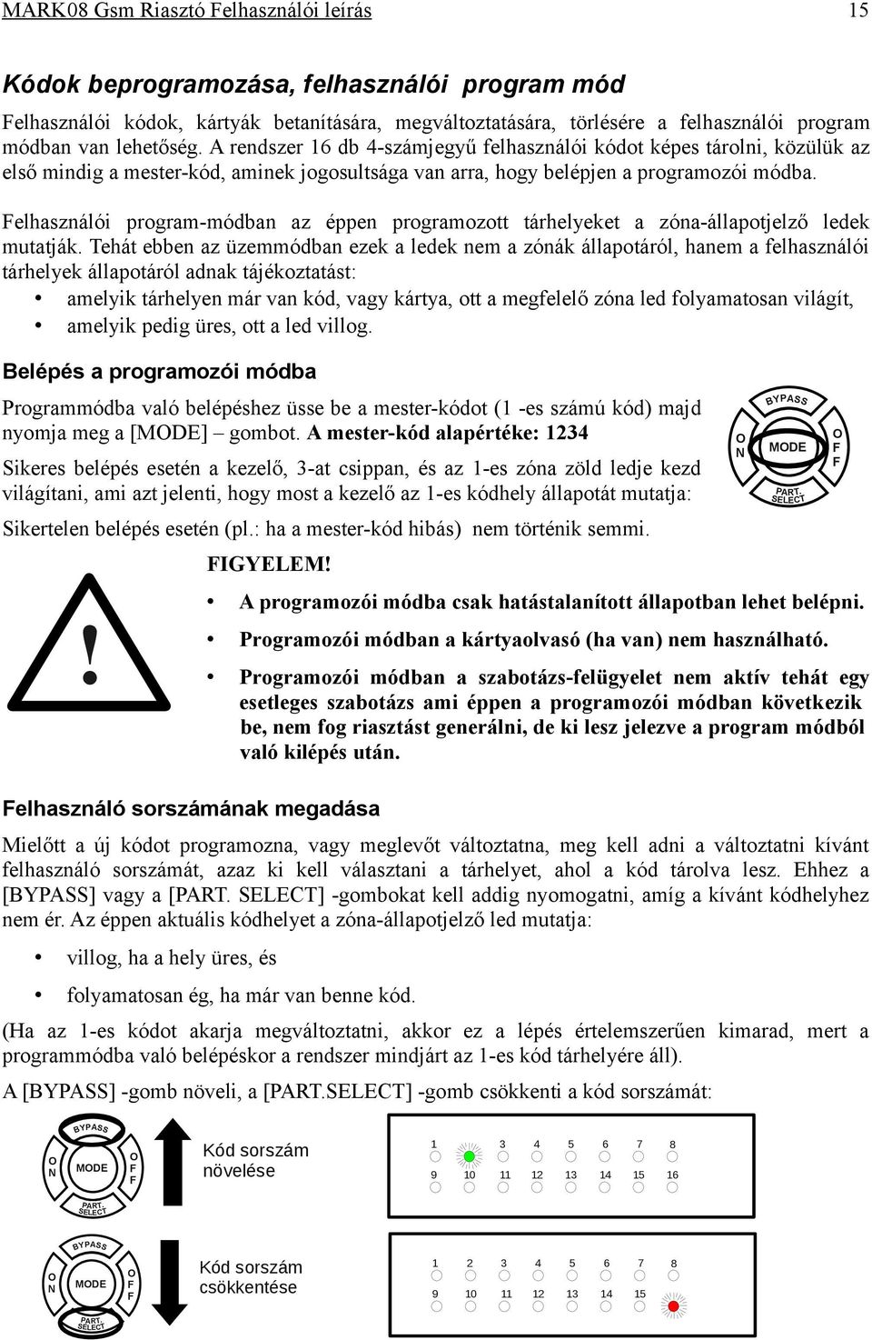 elhasználói program-módban az éppen programozott tárhelyeket a zóna-állapotjelző ledek mutatják.