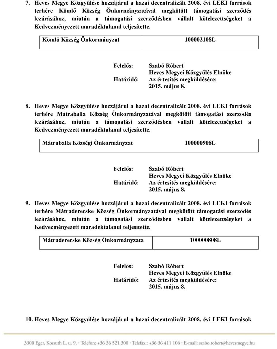 Heves Megye Közgyűlése hozzájárul a hazai decentralizált 2008.