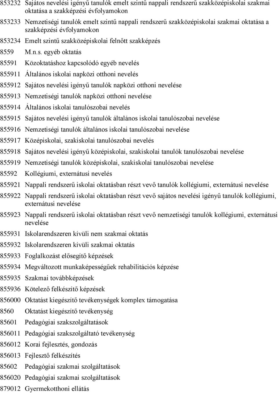 Általános iskolai napközi otthoni nevelés 855912 Sajátos nevelési igényű tanulók napközi otthoni nevelése 855913 Nemzetiségi tanulók napközi otthoni nevelése 855914 Általános iskolai tanulószobai