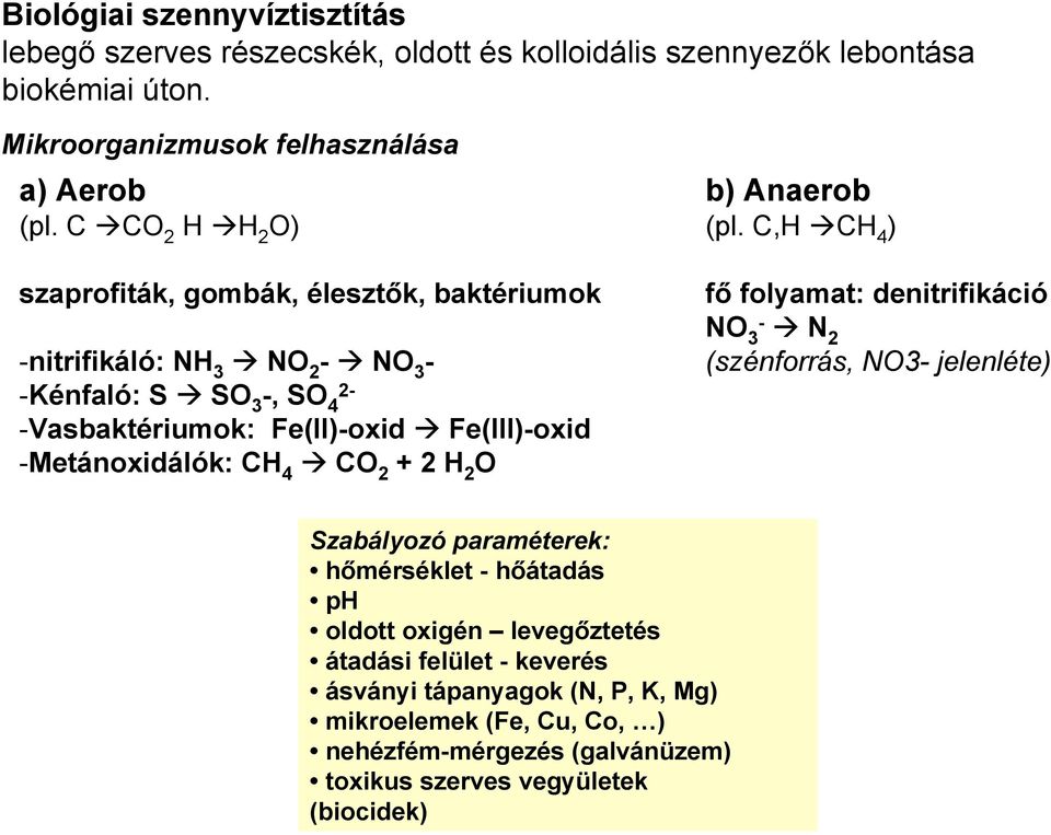 C,H CH 4 ) szaprofiták, gombák, élesztők, baktériumok -nitrifikáló: NH 3 NO 2 - NO 3 - -Kénfaló: S SO 3 -, SO 4 2- -Vasbaktériumok: Fe(II)-oxid Fe(III)-oxid