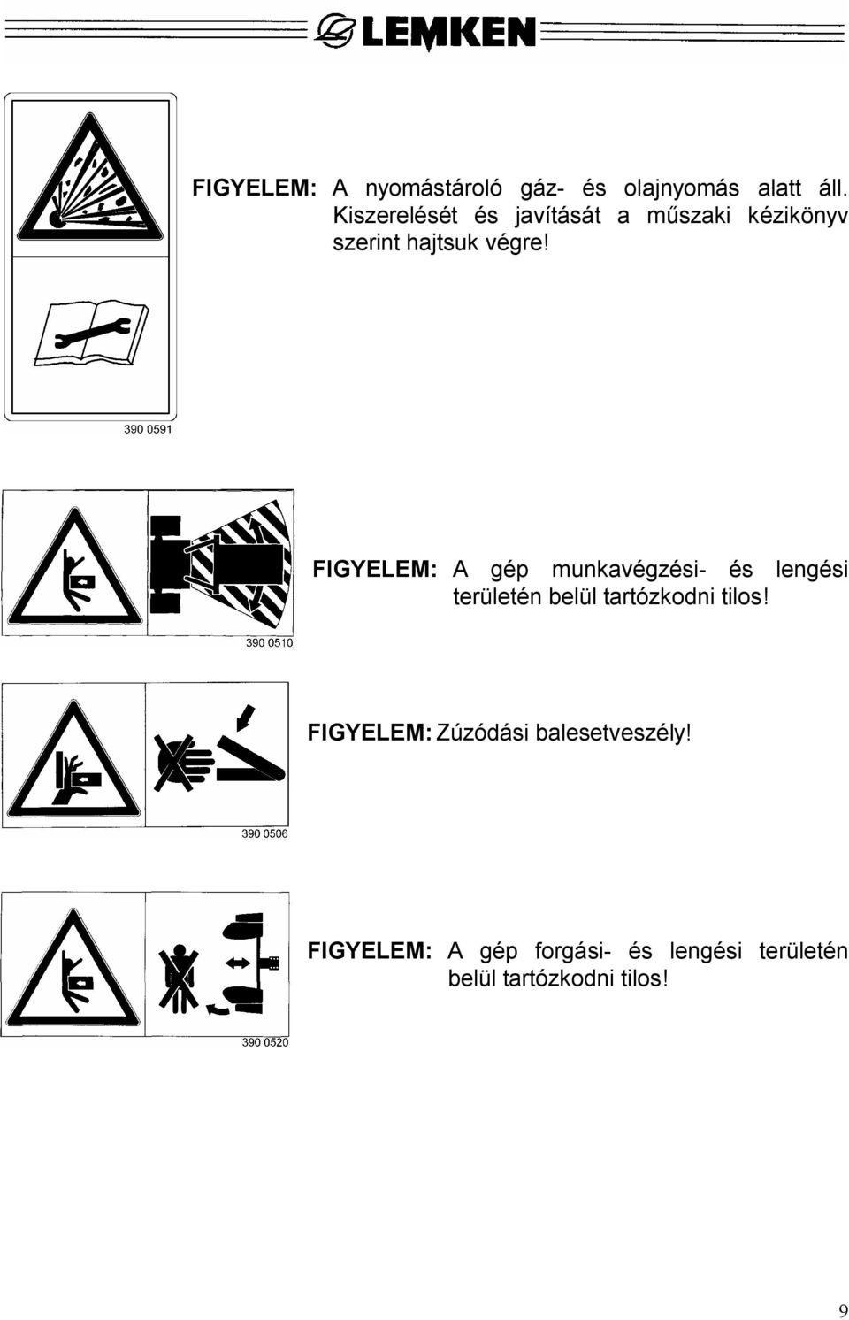 FIGYELEM: A gép munkavégzési- és lengési területén belül tartózkodni tilos!