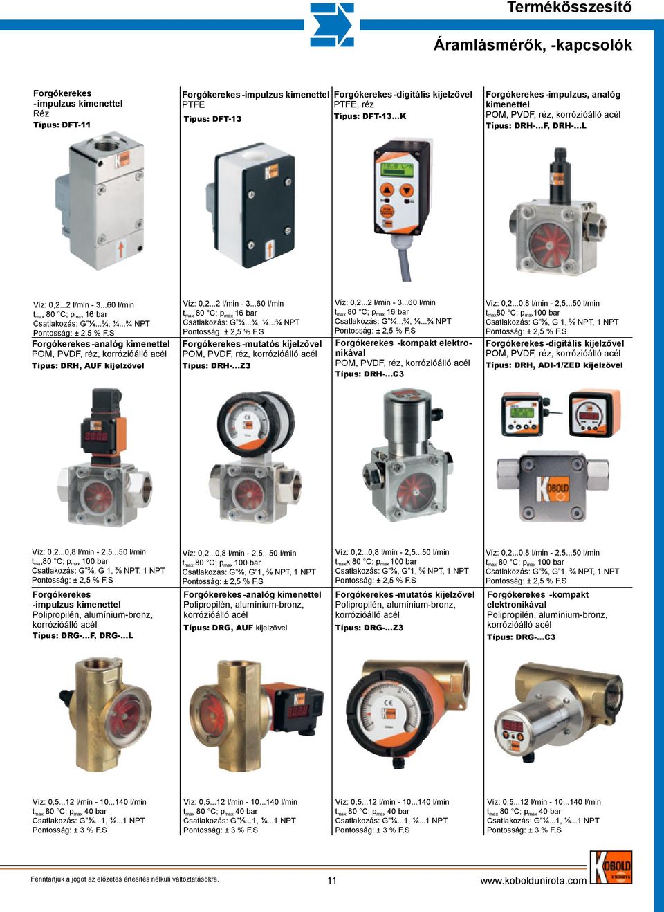 ..¾ NPT Forgókerekes -analóg kimenettel POM, PVDF, réz, korrózióálló acél Típus: DRH, AUF kijelzövel Víz: 0,2...2 l/min - 3...60 l/min t max 80 C; p max 16 bar G ¼...¾, ¼.