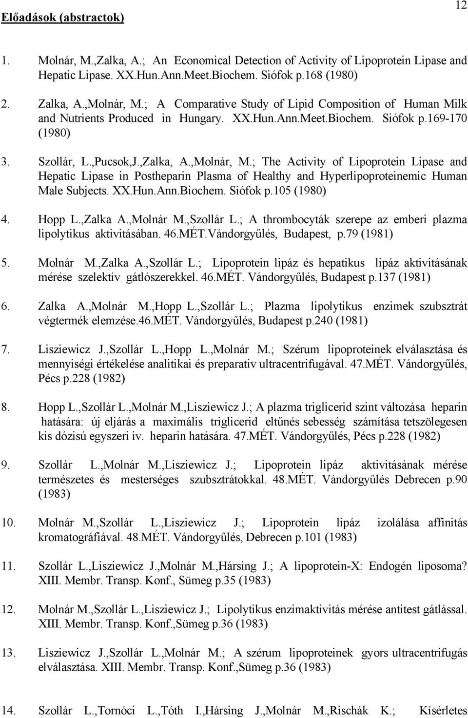 ; The Activity of Lipoprotein Lipase and Hepatic Lipase in Postheparin Plasma of Healthy and Hyperlipoproteinemic Human Male Subjects. XX.Hun.Ann.Biochem. Siófok p.105 (1980) 4. Hopp L.,Zalka A.
