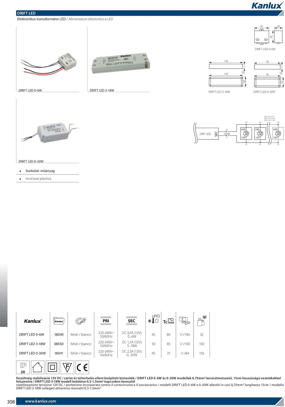 ..6W 45 80 1/-/180 32 DRIFT LED 3-18W 08550 fehér / bianco 2-240V~ DC 1,5A (12V); 3...18W 50 85 1/-/100 100 DRIFT LED 0-30W 18041 fehér / bianco 2-240V~ DC 2,5A (12V); 0.