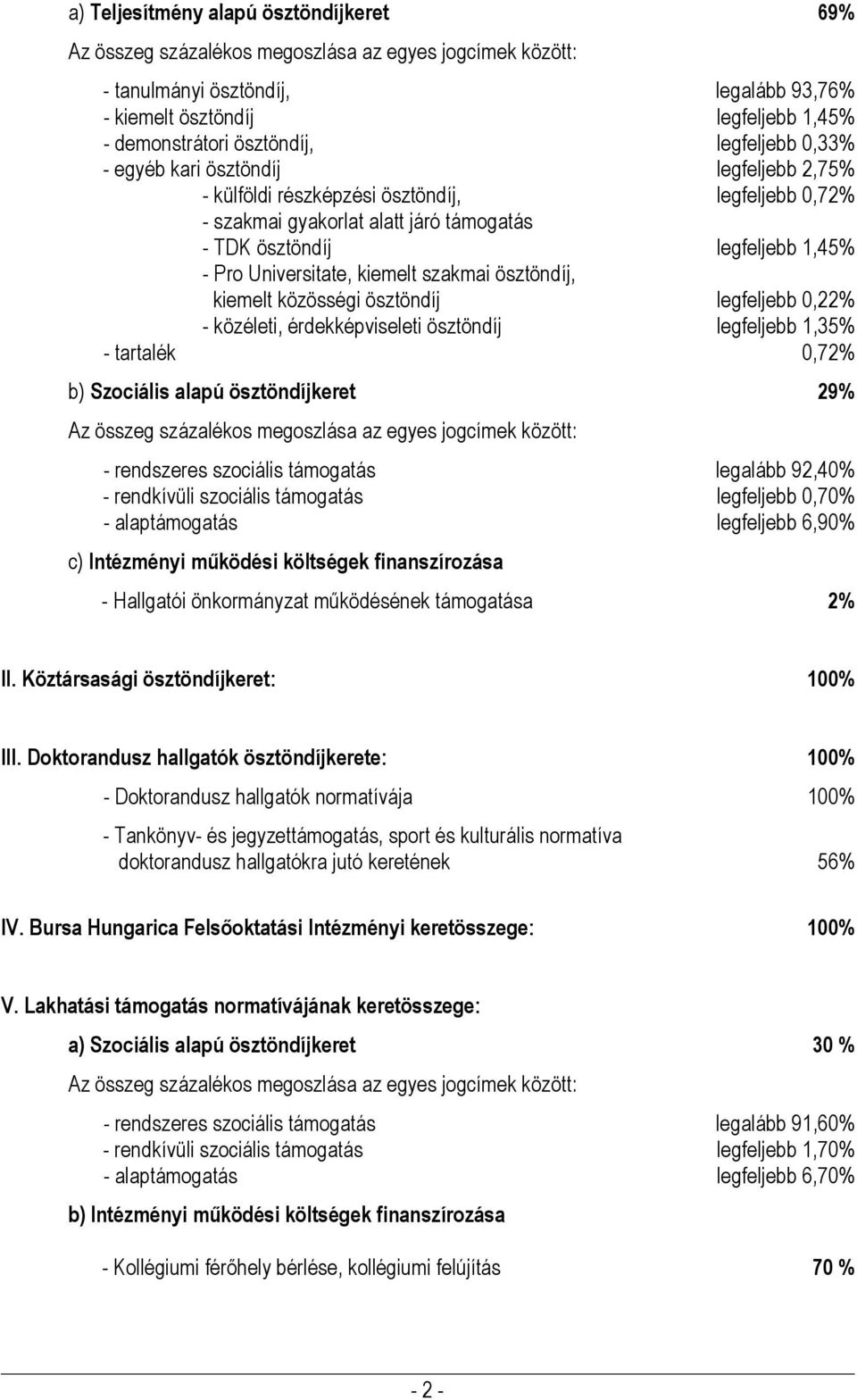 Universitate, kiemelt szakmai ösztöndíj, kiemelt közösségi ösztöndíj legfeljebb 0,22% - közéleti, érdekképviseleti ösztöndíj legfeljebb 1,35% - tartalék 0,72% b) Szociális alapú ösztöndíjkeret 29% Az
