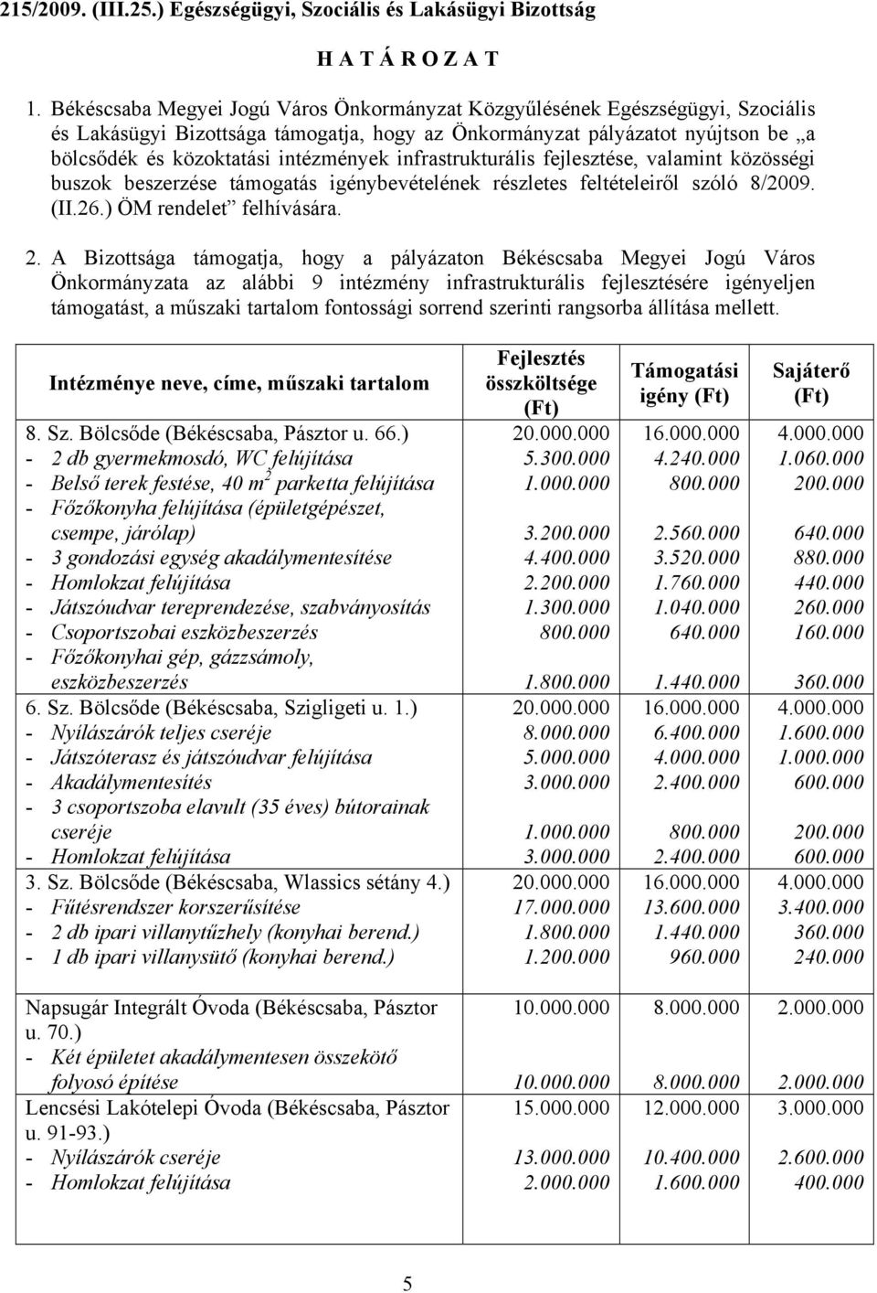 infrastrukturális fejlesztése, valamint közösségi buszok beszerzése támogatás igénybevételének részletes feltételeiről szóló 8/2009. (II.26.) ÖM rendelet felhívására. 2.