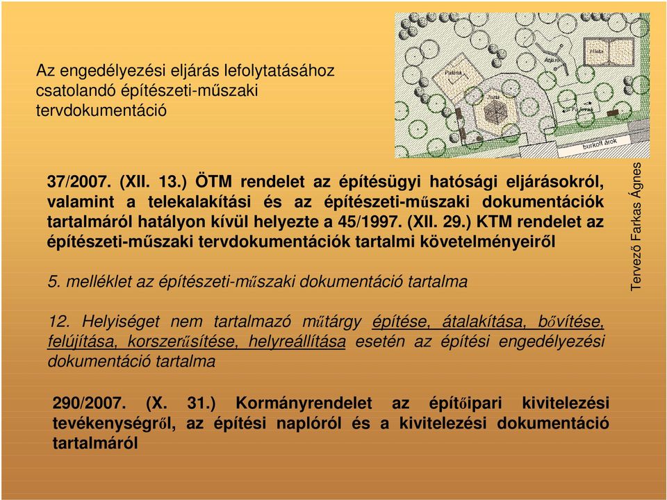 ) KTM rendelet az építészeti-műszaki tervdokumentációk tartalmi követelményeiről 5. melléklet az építészeti-műszaki dokumentáció tartalma Tervező Farkas Ágnes 12.