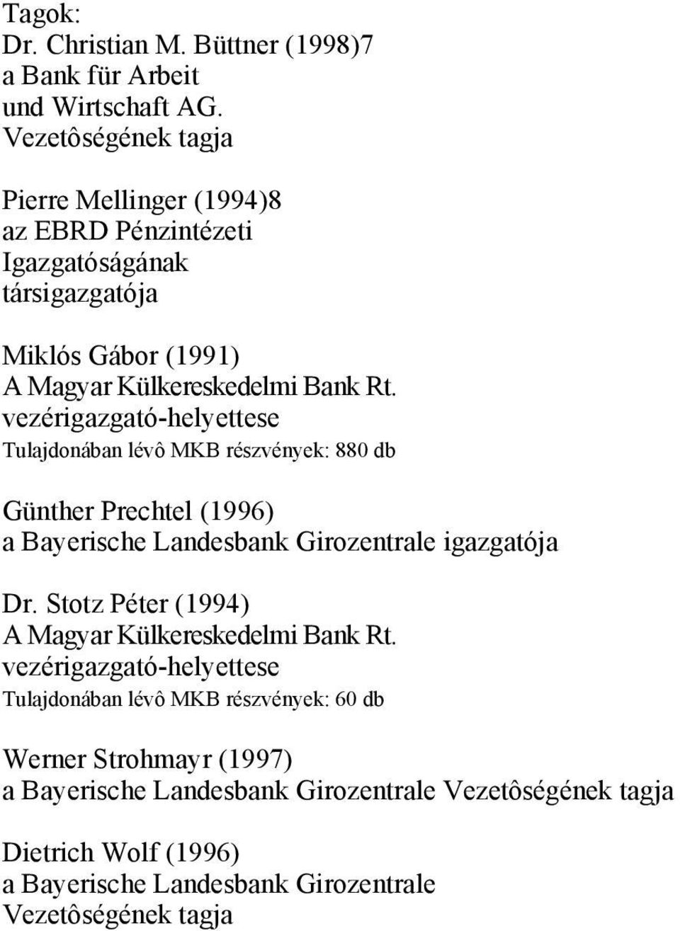 Tulajdonában lévô MKB részvények: 880 db Günther Prechtel (1996) a Bayerische Landesbank Girozentrale igazgatója Dr.