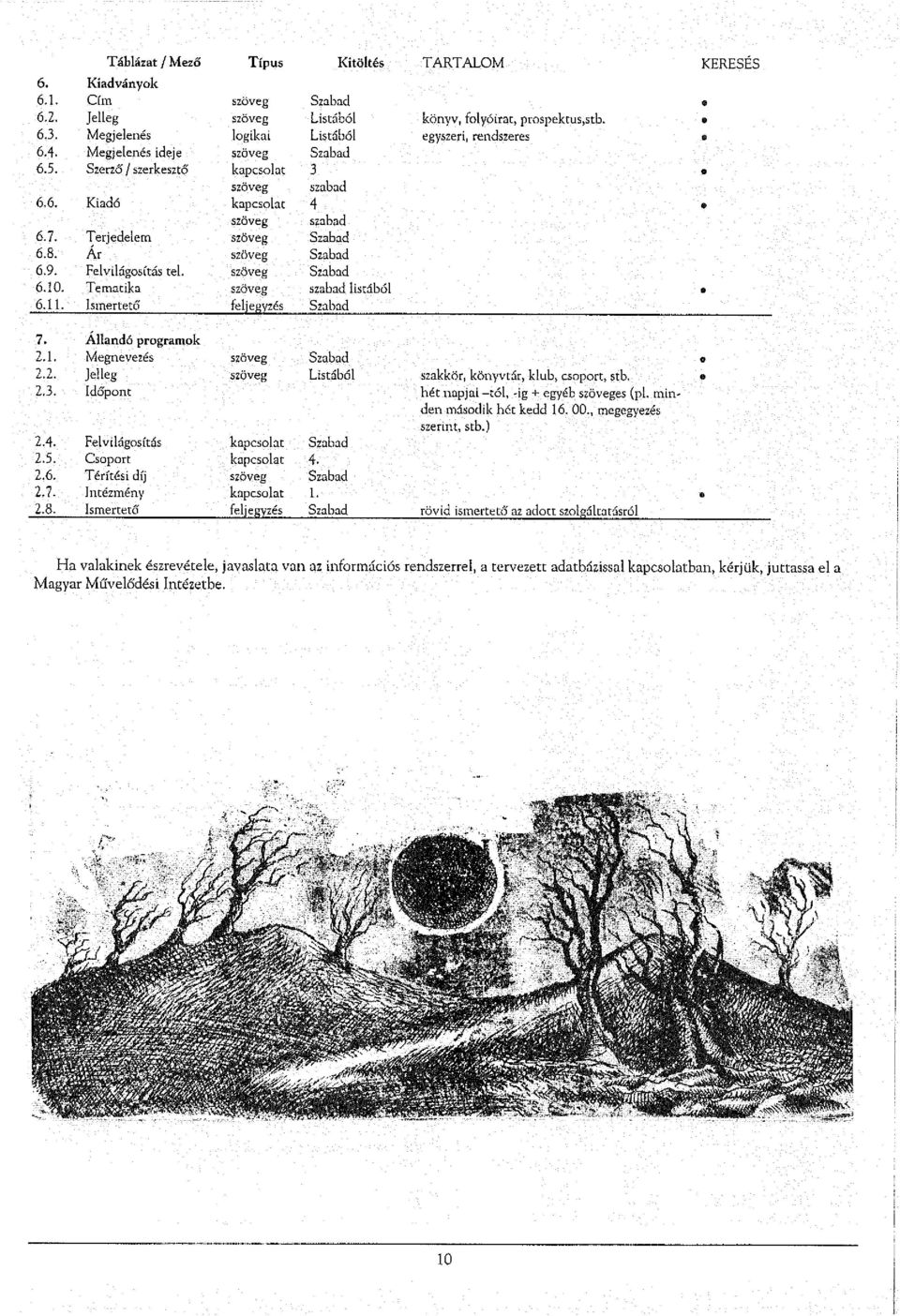 Terjedelem szöveg Szabad 6.8. Ár szöveg Szabad 6.9. Felvilágosítás tel. szöveg Szabad 6.10. Tematika szöveg szabad listából 6.11. Ismertető feljegyzés Szabad 7. Állandó programok 2.1. Megnevezés szöveg Szabad 2.