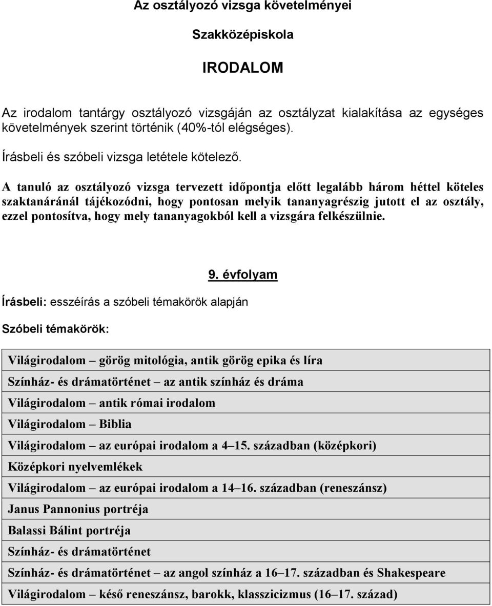 A tanuló az osztályozó vizsga tervezett időpontja előtt legalább három héttel köteles szaktanáránál tájékozódni, hogy pontosan melyik tananyagrészig jutott el az osztály, ezzel pontosítva, hogy mely