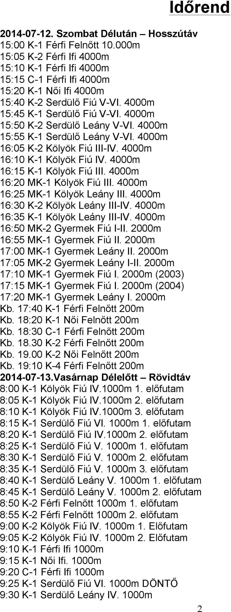 4000m 15:50 K-2 Serdülő Leány V-VI. 4000m 15:55 K-1 Serdülő Leány V-VI. 4000m 16:05 K-2 Kölyök Fiú III-IV. 4000m 16:10 K-1 Kölyök Fiú IV. 4000m 16:15 K-1 Kölyök Fiú III.