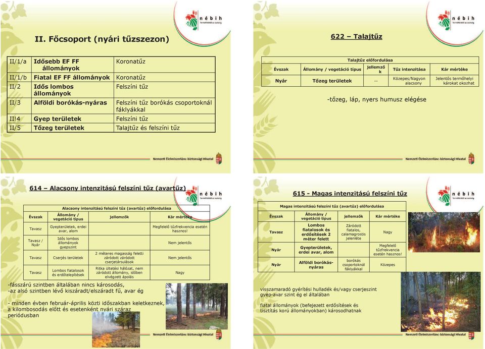 4 Gyep területek Felszíni tűz II/5 Tőzeg területek Talajtűz és felszíni tűz Állomány / vegetáció típus Talajtűz előfordulása jellemző k Tőzeg területek -- Tűz intenzitása Közepes/Nagyon alacsony