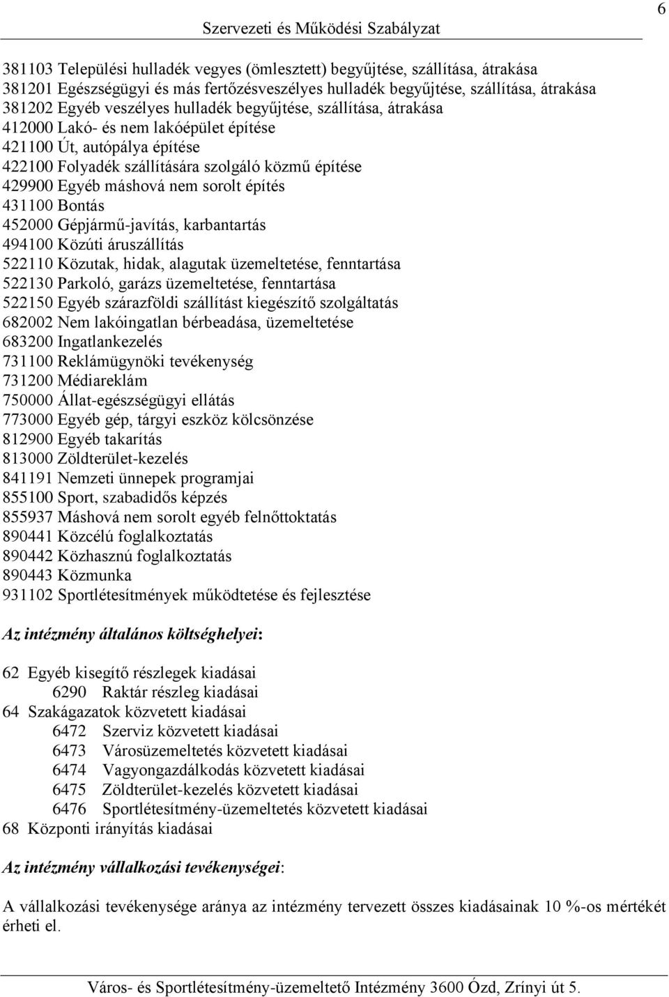 építés 431100 Bontás 452000 Gépjármű-javítás, karbantartás 494100 Közúti áruszállítás 522110 Közutak, hidak, alagutak üzemeltetése, fenntartása 522130 Parkoló, garázs üzemeltetése, fenntartása 522150