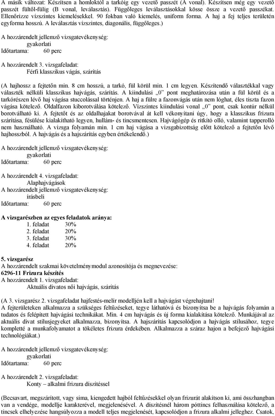 A leválasztás vízszintes, diagonális, függőleges.) Időtartama: 60 perc A hozzárendelt 3. vizsgafeladat: Férfi klasszikus vágás, szárítás (A hajhossz a fejtetőn min.