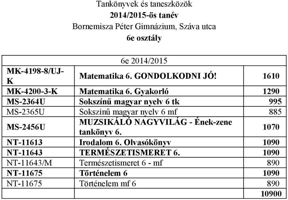 Gyakorló 1290 MS-2364U Sokszínű magyar nyelv 6 tk 995 MS-2365U Sokszínű magyar nyelv 6 mf 885 MS-2456U MUZSIKÁLÓ NAGYVILÁG -