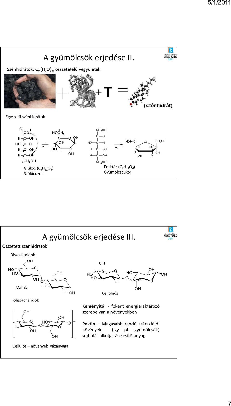 12 O 6 ) Gyümölcscukor Összetett szénhidrátok Diszacharidok HO HO Maltóz OH O OH Poliszacharidok Cellulóz növények