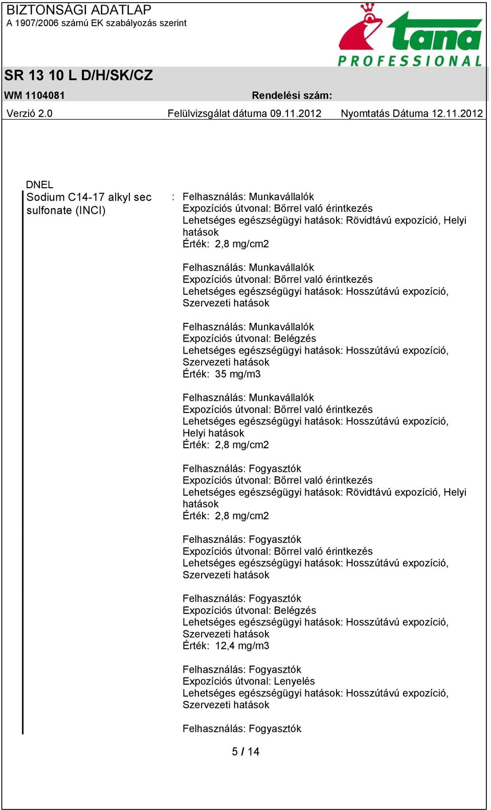 Belégzés Érték: 35 mg/m3 Felhasználás: Munkavállalók Helyi hatások Érték: 2,8 mg/cm2 Lehetséges egészségügyi hatások: